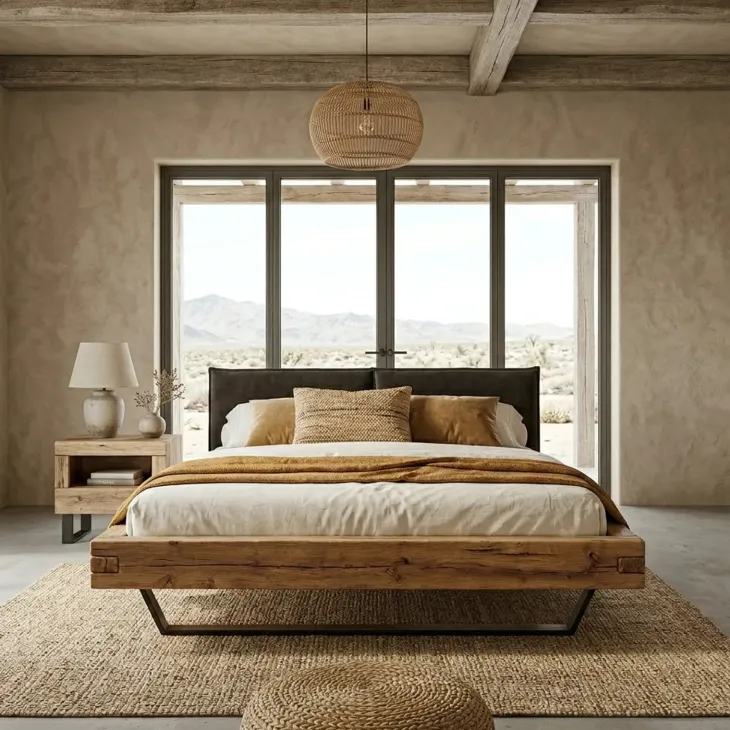 Letto alla francese 140x200cm testiera imbottita gambe in metallo legno massello rovere antracite Venalia