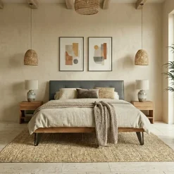 Letto alla francese 140x200cm testiera imbottita piedi in metallo legno massello rovere antracite Cortelia