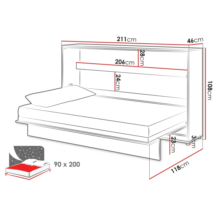 Letto a scomparsa orizzontale 90x200 cm singolo bianco Camelio