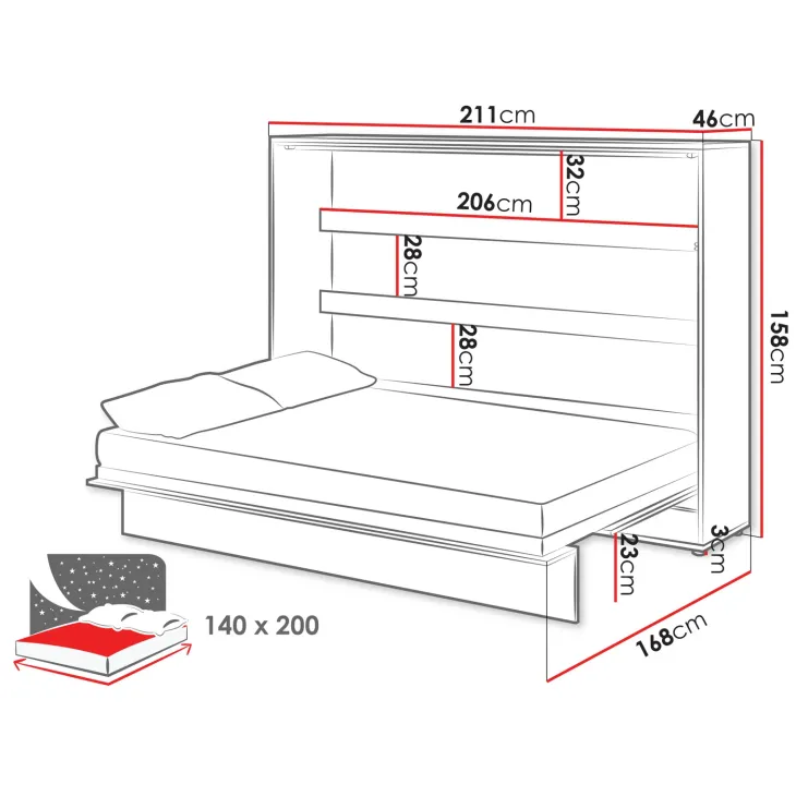 Letto a scomparsa orizzontale 140x200 cm alla francese bianco Camelio