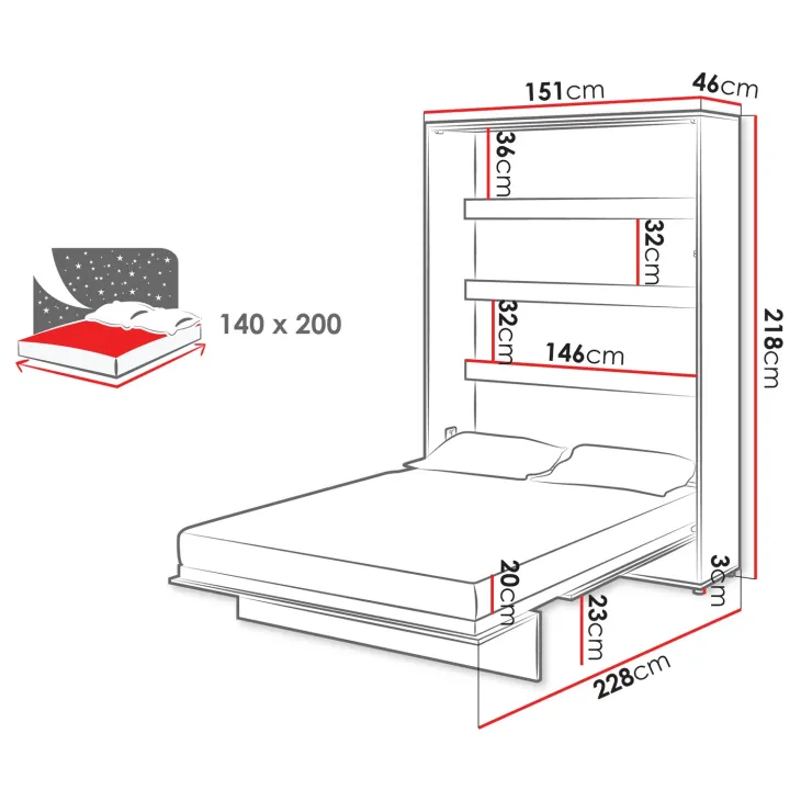 Letto a scomparsa verticale 140x200 cm alla francese bianco Camelio