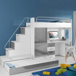 Letto a soppalco con armadio 324x180cm bianco grigio 2 letti Diego Gihome®