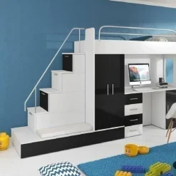 Letto a soppalco con armadio 324x180cm bianco nero 2 letti Diego Gihome®