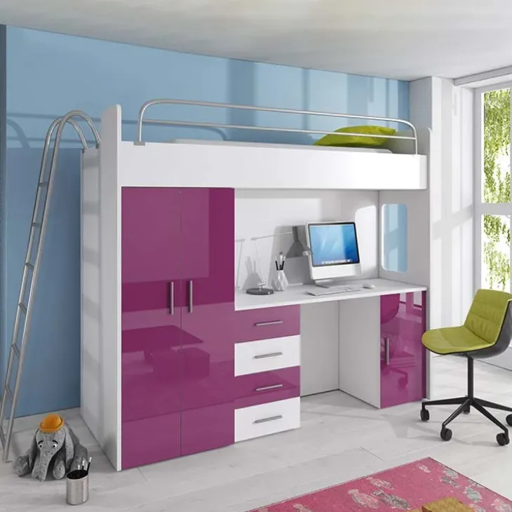 Letto a soppalco per bambini con armadio 204x86cm bianco viola Luca