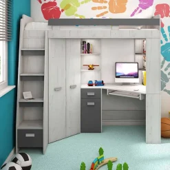 Letto a soppalco 204x120cm sinistra bianco pino grafite Dollie Gihome®
