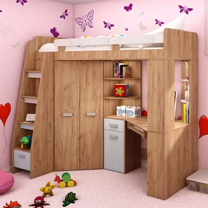 Letto a soppalco 204x120cm sinistra rovere miele bianco frassinato Dollie Gihome®