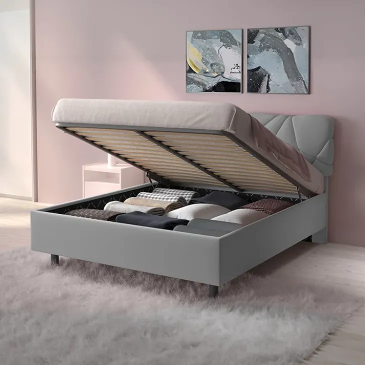 Letto contenitore matrimoniale 160x195 imbottito tessuto grigio LuxeSleep