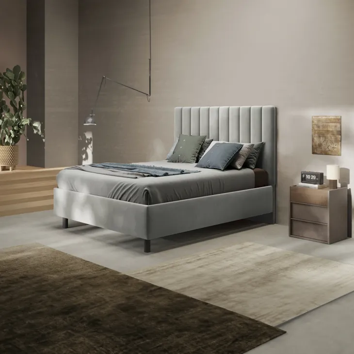 Letto contenitore matrimoniale 160x195 imbottito tessuto grigio CozyCubby