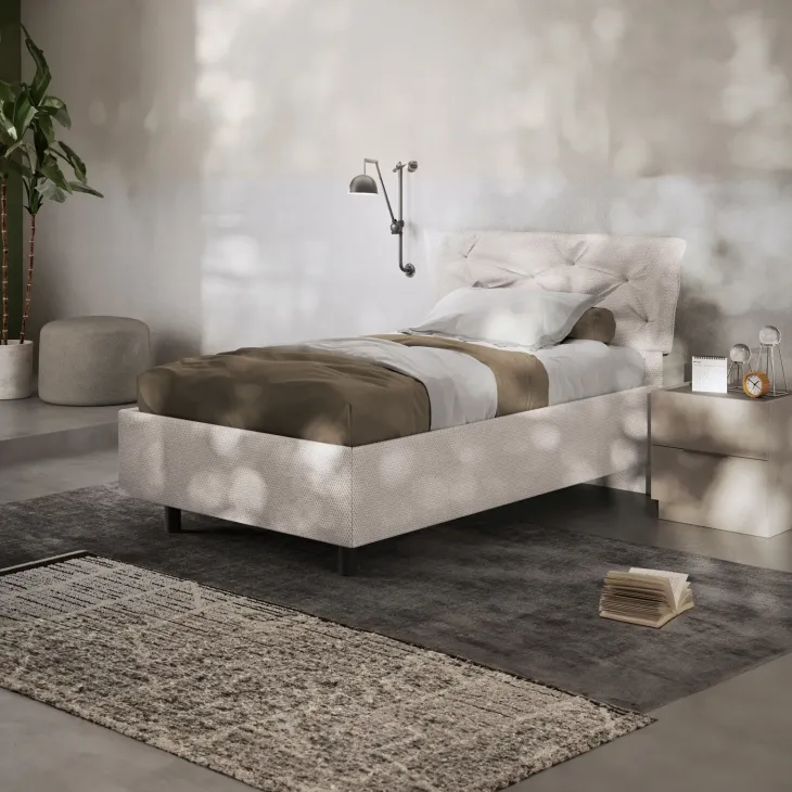 Letto contenitore una piazza e mezza 120x195 imbottito tessuto bianco sabbia DreamSpace