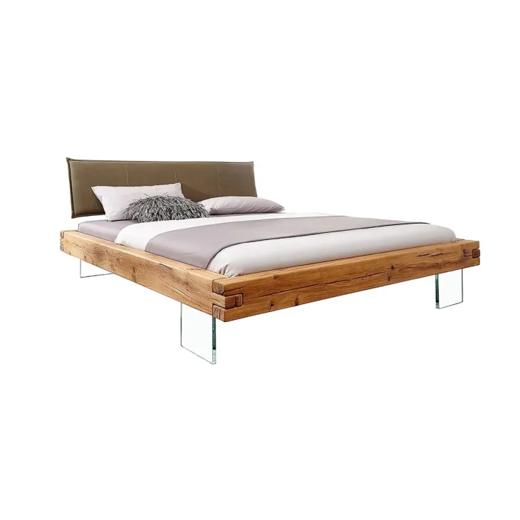 Letto king size 200x200cm testiera imbottita piedi in vetro legno massello rovere tortora Resilia