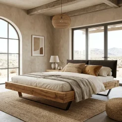 Letto king size 200x200cm testiera imbottita gambe in metallo legno massello rovere antracite Venalia