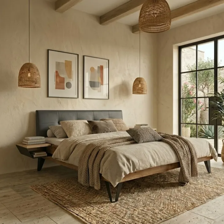 Letto king size 200x200cm testiera imbottita piedi in metallo legno massello rovere antracite Cortelia
