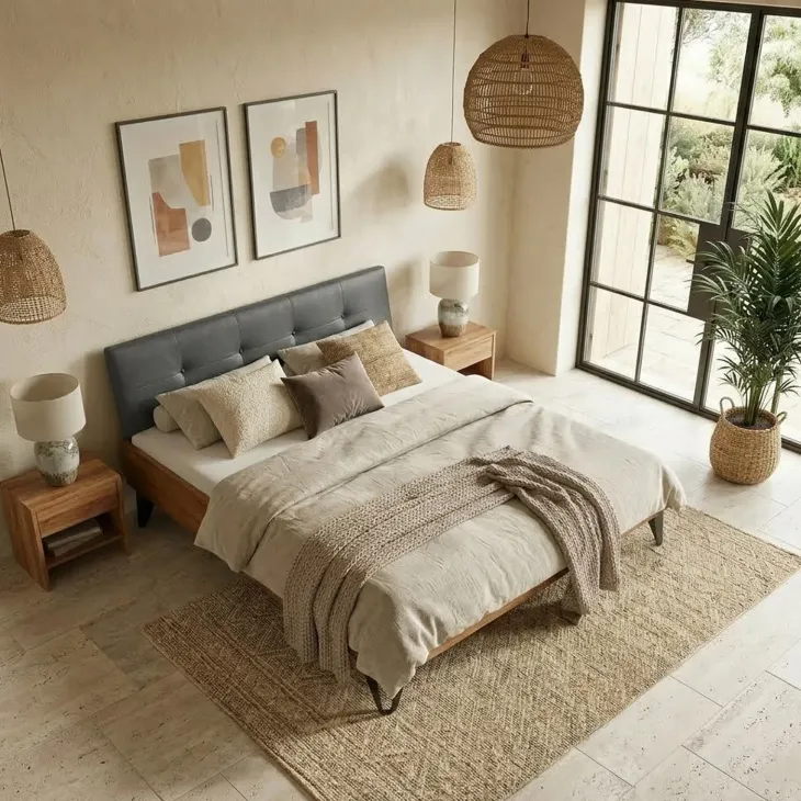 Letto king size 200x200cm testiera imbottita piedi in metallo legno massello rovere antracite Cortelia