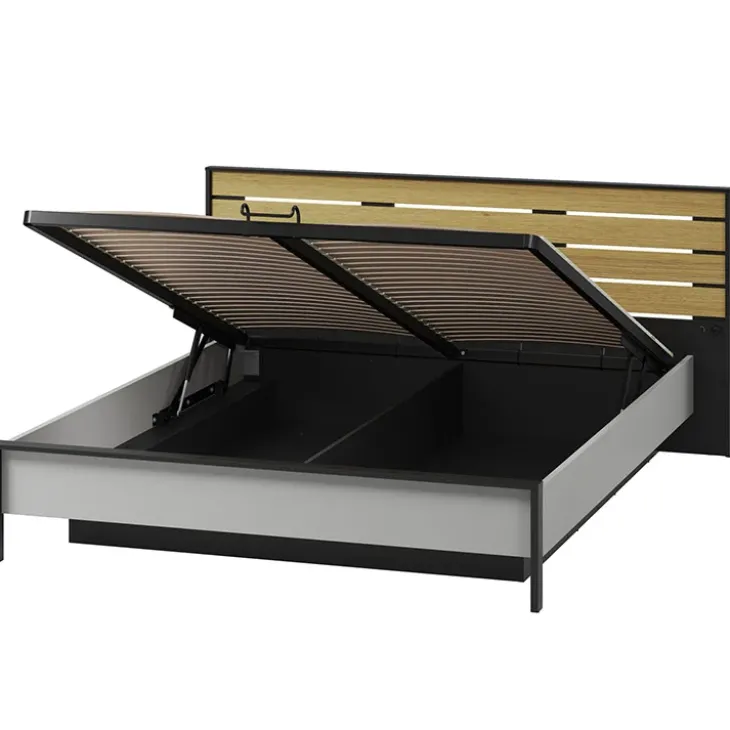 Letto matrimoniale contenitore 160x200cm con LED e presa USB-C grigio nero rovere Luna