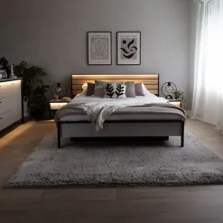 Letto matrimoniale contenitore 160x200cm con LED e presa USB-C grigio nero rovere Luna