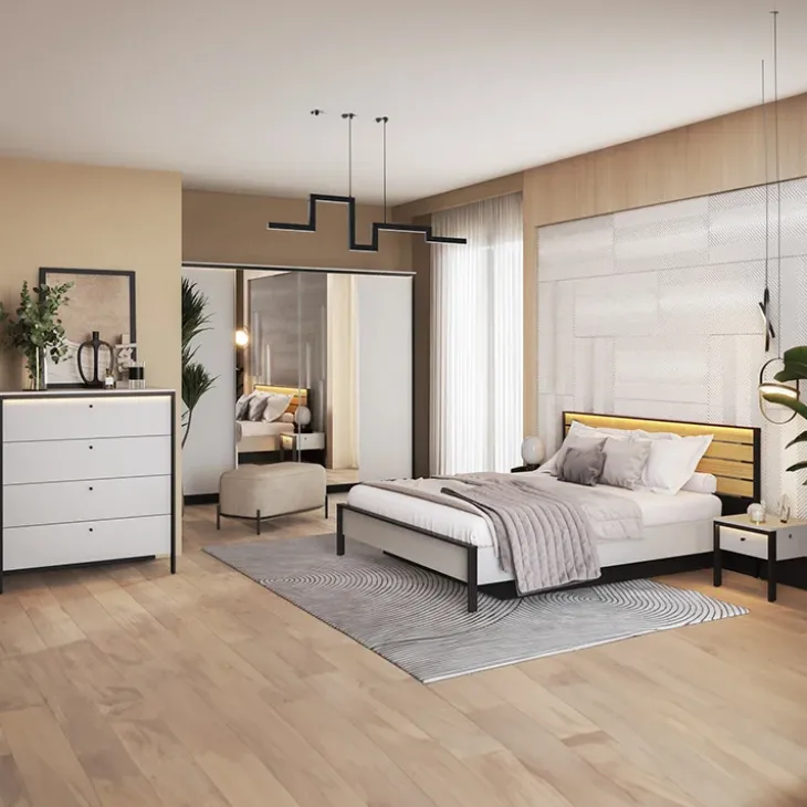 Letto matrimoniale contenitore 160x200cm con LED e presa USB-C grigio nero rovere Luna