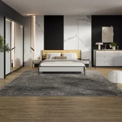 Letto matrimoniale contenitore 160x200cm con LED e presa USB-C grigio nero rovere Luna