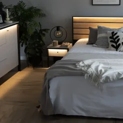 Letto matrimoniale contenitore 160x200cm con LED e presa USB-C grigio nero rovere Luna