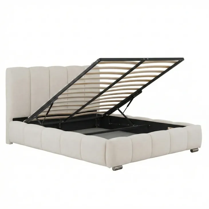 Letto matrimoniale contenitore 160x200 cm con rete tessuto imbottito bianco panna Stars