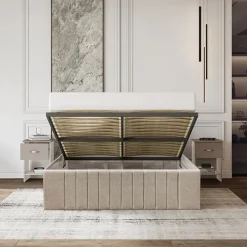 Letto matrimoniale oversize 180x200 cm imbottito con contenitore tessuto beige Emporio