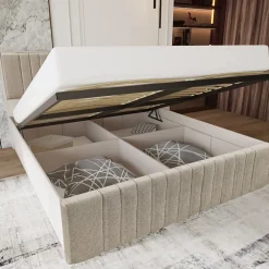 Letto matrimoniale oversize 180x200 cm imbottito con contenitore tessuto beige Emporio