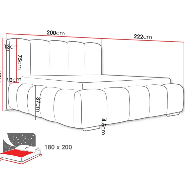 Letto matrimoniale oversize 180x200 cm con rete contenitore imbottito beige Cometa