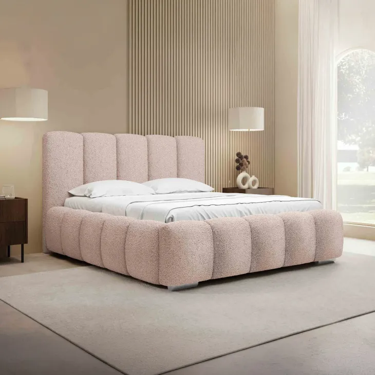 Letto matrimoniale oversize 180x200 cm con rete contenitore imbottito tessuto bouclé rosa Cometa