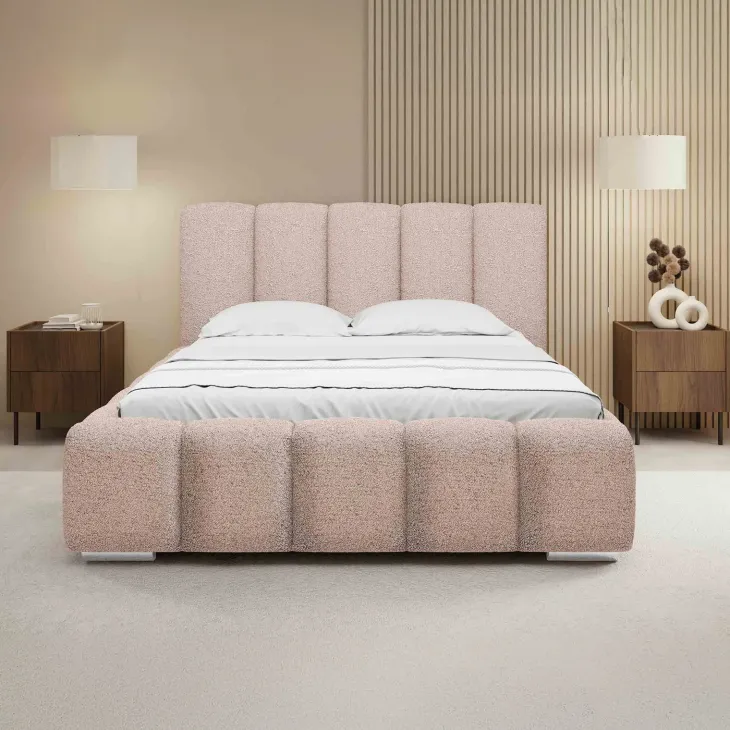 Letto matrimoniale oversize 180x200 cm con rete contenitore imbottito tessuto bouclé rosa Cometa