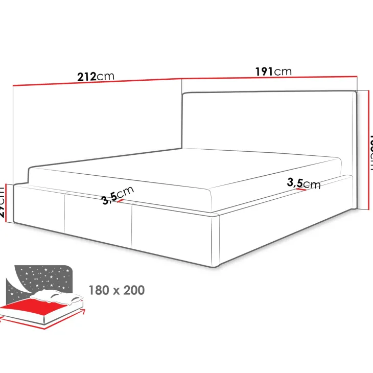Letto matrimoniale oversize 180x200 cm con rete contenitore imbottito grigio chiaro Silla