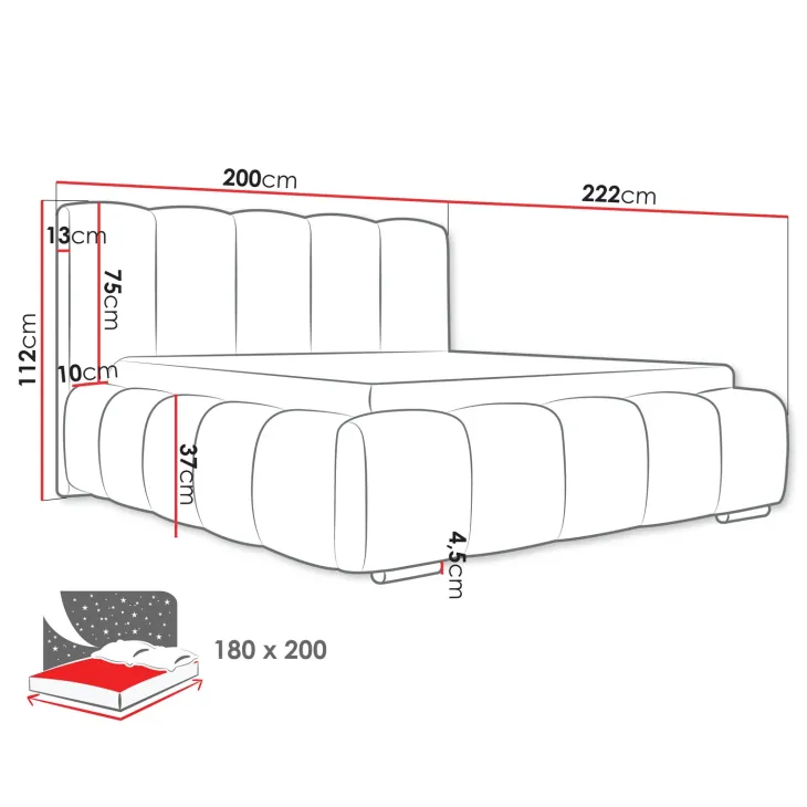 Letto matrimoniale oversize 180x200 cm con rete contenitore imbottito grigio chiaro Cometa