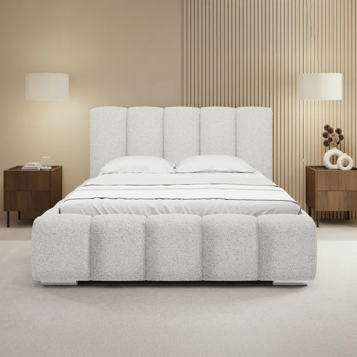 Letto matrimoniale oversize 180x200 cm con rete contenitore imbottito tessuto bouclé bianco Cometa