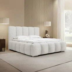 Letto matrimoniale oversize 180x200 cm con rete contenitore imbottito tessuto bouclé bianco Cometa