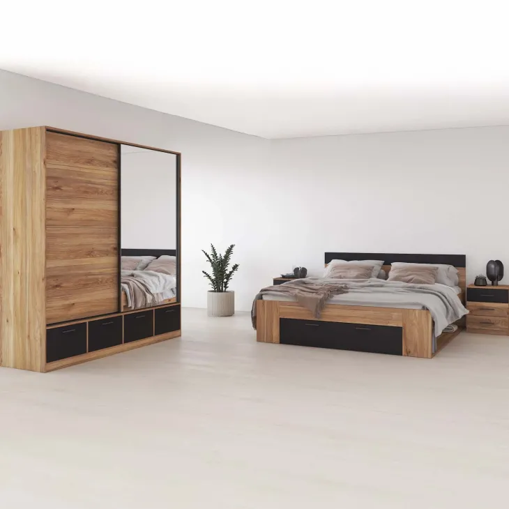 Letto matrimoniale oversize 180x200cm con cassettone rovere nero Yve