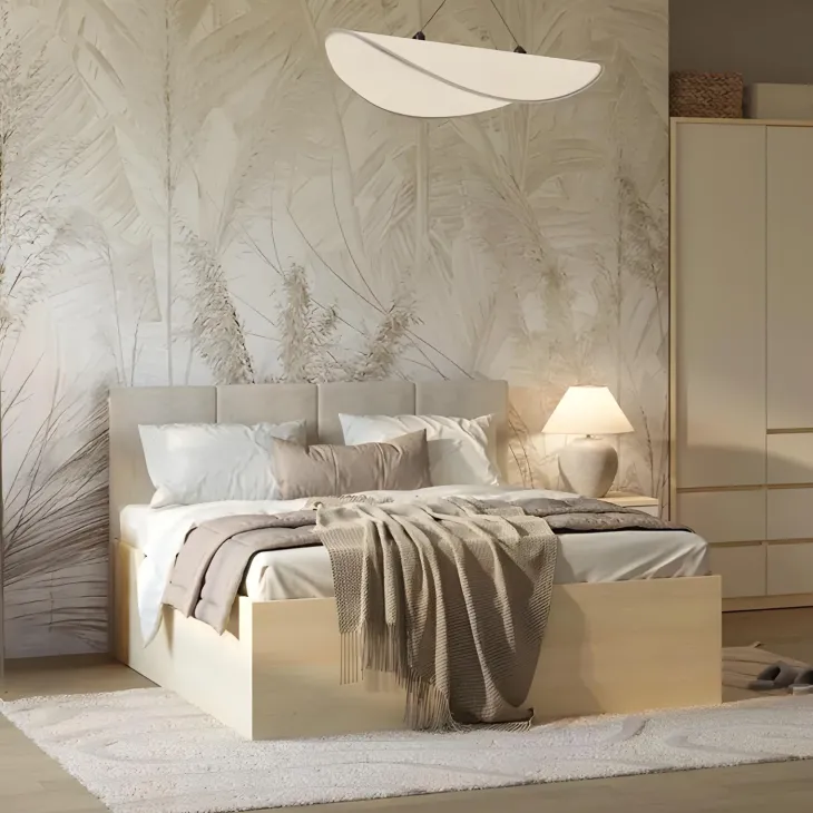 Letto matrimoniale oversize 180x200cm contenitore con rete a doghe e testiera imbottita rovere Elvira