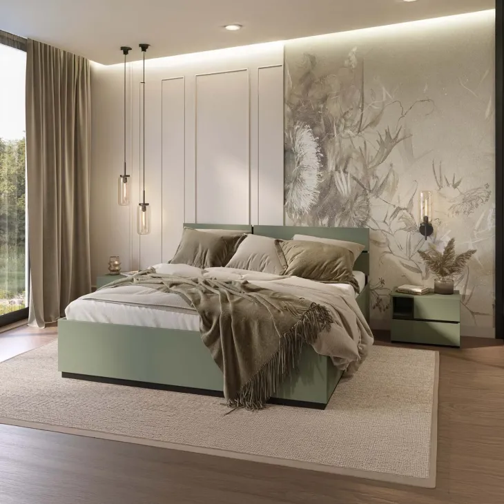 Letto matrimoniale oversize 180x200cm contenitore con rete a doghe testiera reversibile verde Lolla