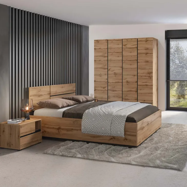 Letto matrimoniale oversize 180x200cm contenitore con rete a doghe testiera reversibile rovere Lolla