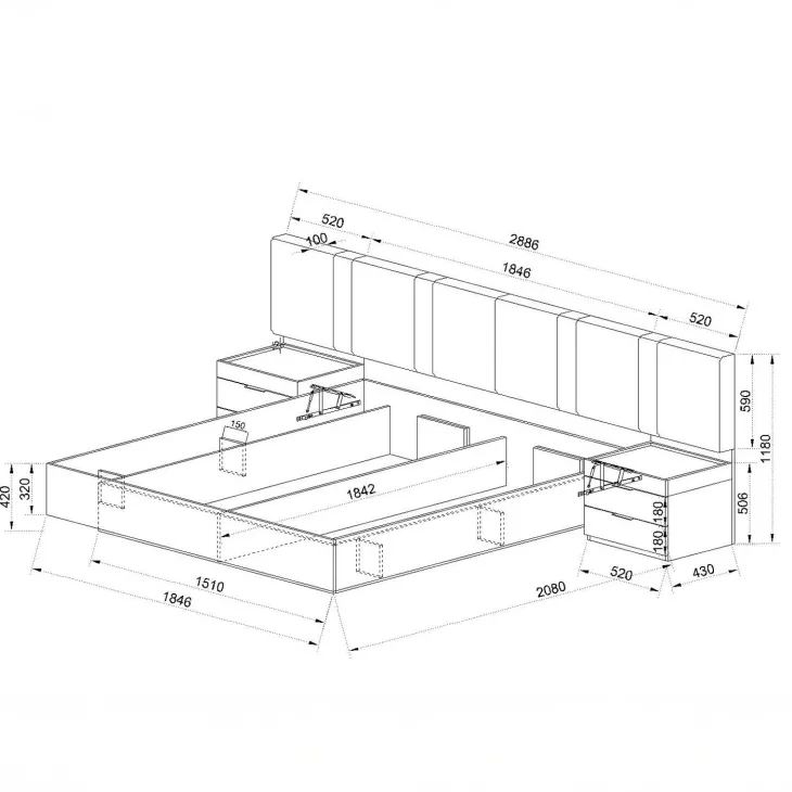 Letto matrimoniale oversize 180x200cm contenitore con comodini rovere scuro marrone Rebecca