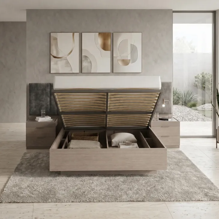 Letto matrimoniale oversize 180x200cm contenitore con comodini rovere scuro marrone Rebecca