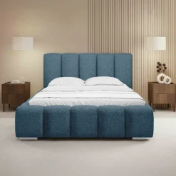 Letto matrimoniale oversize 180x200 cm con rete contenitore imbottito tessuto bouclé blu Cometa