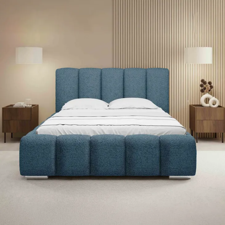 Letto matrimoniale oversize 180x200 cm con rete contenitore imbottito tessuto bouclé blu Cometa