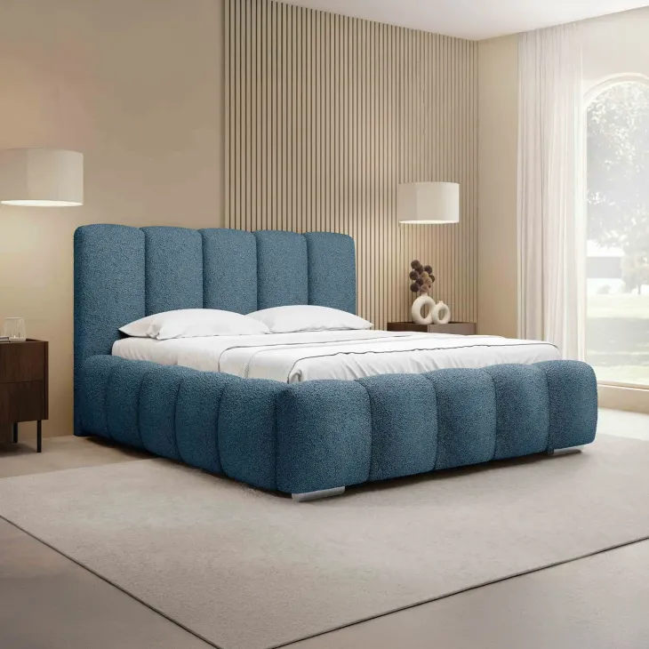 Letto matrimoniale oversize 180x200 cm con rete contenitore imbottito tessuto bouclé blu Cometa
