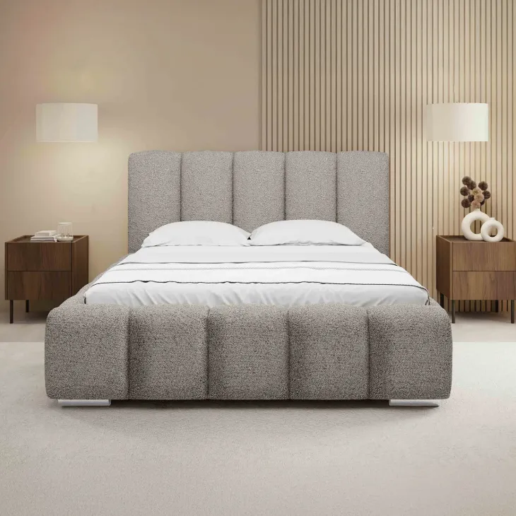 Letto matrimoniale oversize 180x200 cm con rete contenitore imbottito tessuto bouclé grigio chiaro Cometa