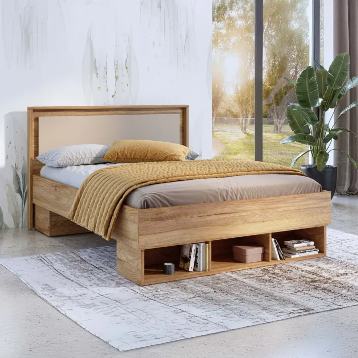 Letto matrimoniale oversize 180x200cm 3 vani a giorno rovere tortora Lise