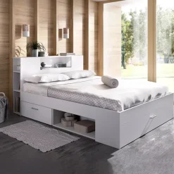 Letto matrimoniale 160x200cm con cassettoni e libreria bianco opaco Nolito