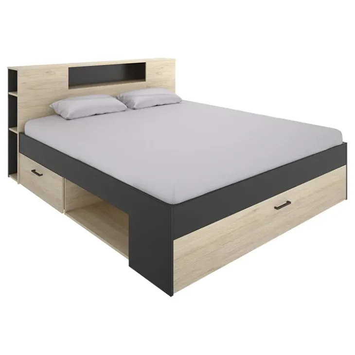 Letto matrimoniale 160x200cm con cassettoni e libreria rovere antracite Nolito