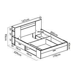 Letto matrimoniale 160x200cm con cassettoni e libreria rovere bianco Nolito