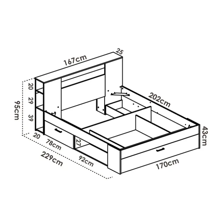 Letto matrimoniale 160x200cm con cassettoni e libreria rovere bianco Nolito