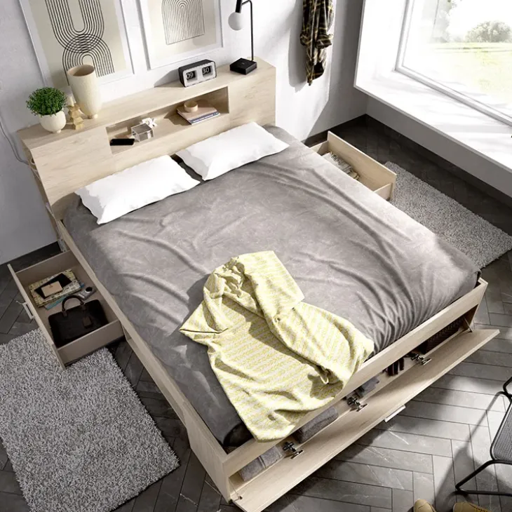Letto matrimoniale 160x200cm con cassettoni e libreria rovere Nolito