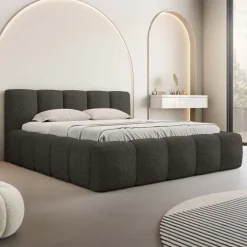 Letto matrimoniale 160x200cm con rete contenitore imbottito tessuto bouclé nero Aluna