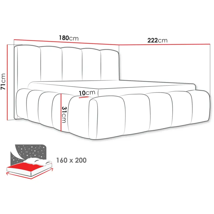 Letto matrimoniale 160x200cm con rete contenitore imbottito tessuto bouclé verde Aluna